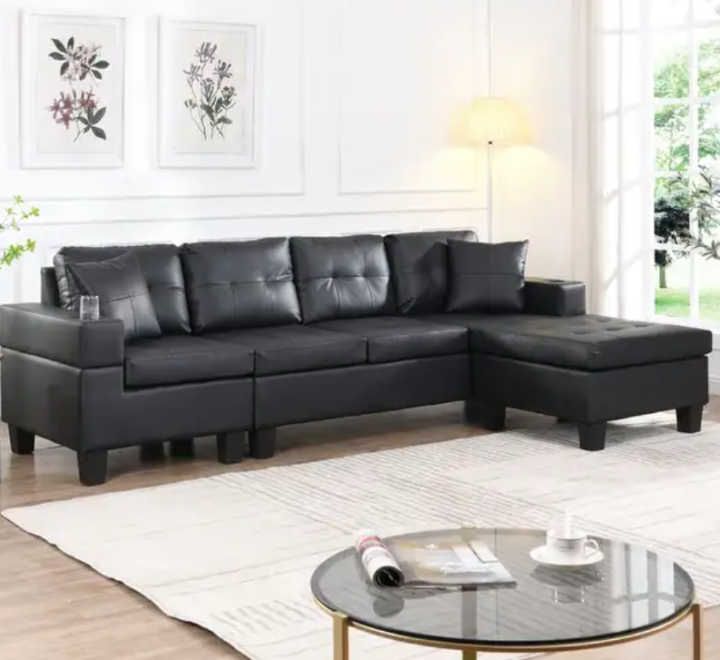 Faux Leather Sectional Sofa — Black