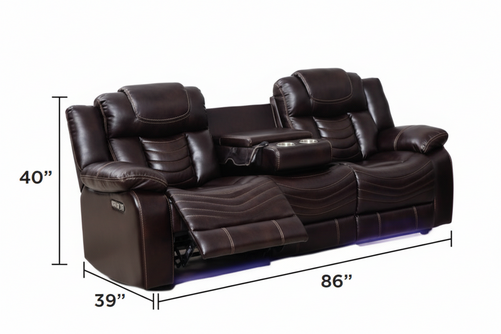Three-mechanism Rogue electric recliner sofa set by Meuble Divino, featuring plush cushions and modern design in a cozy living room setting.