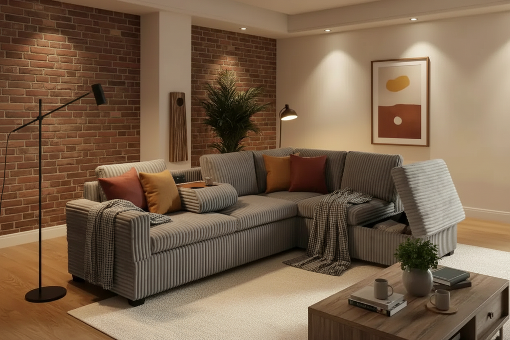 Meuble Divino corduroy sectional sofa with chaise lounge, USB console, and storage compartments, stylish and comfortable for living rooms.