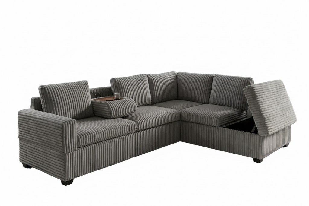 Meuble Divino corduroy sectional sofa with chaise lounge, USB console, and storage in a modern living room setting.