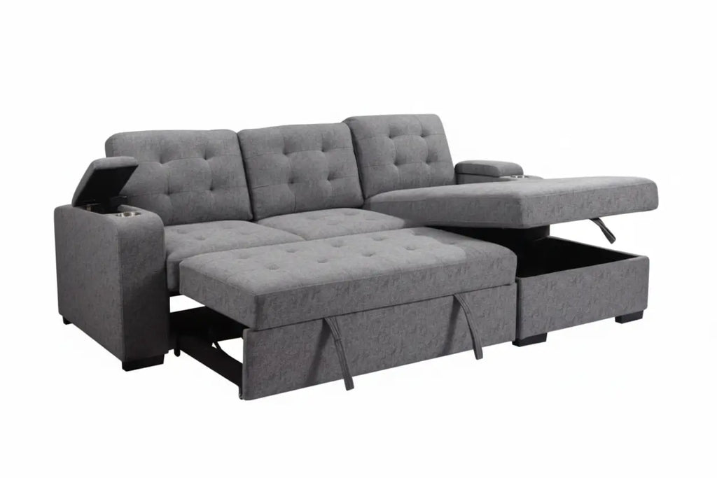 Modern Meuble Divino RHF convertible sectional sofa bed with storage and cup holders, showcasing its stylish design and functional features.