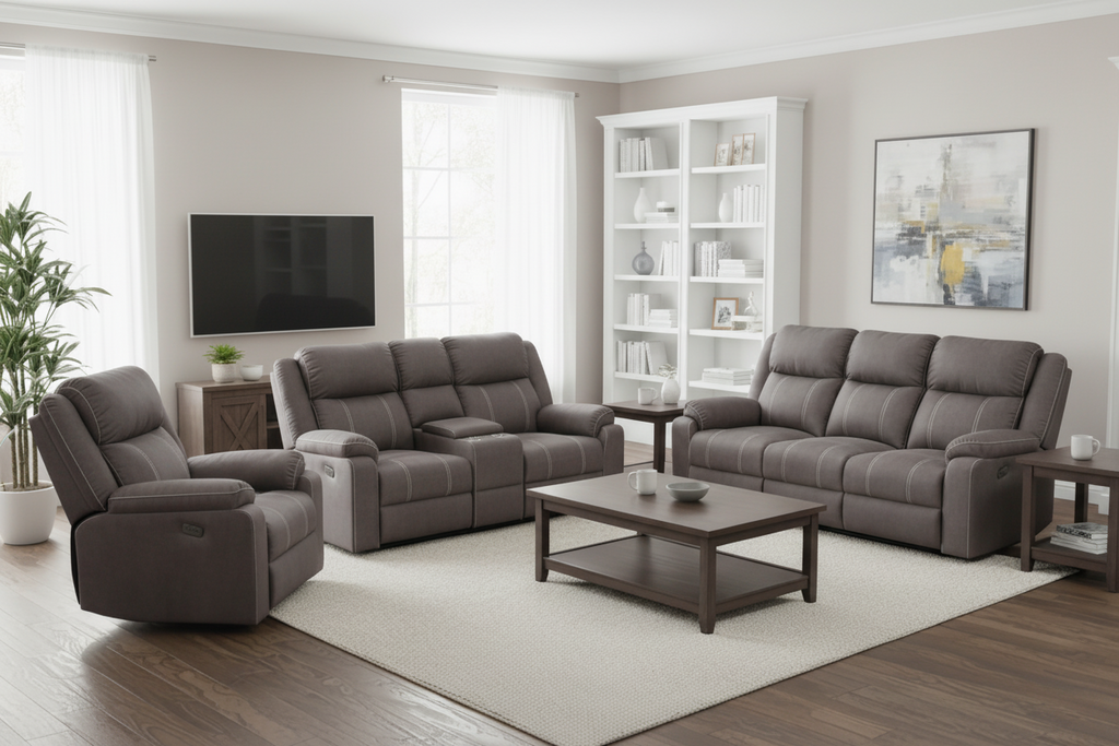 Meuble Divino 3-piece power reclining sofa set with built-in console and cup holders, featuring plush cushions and armrests.