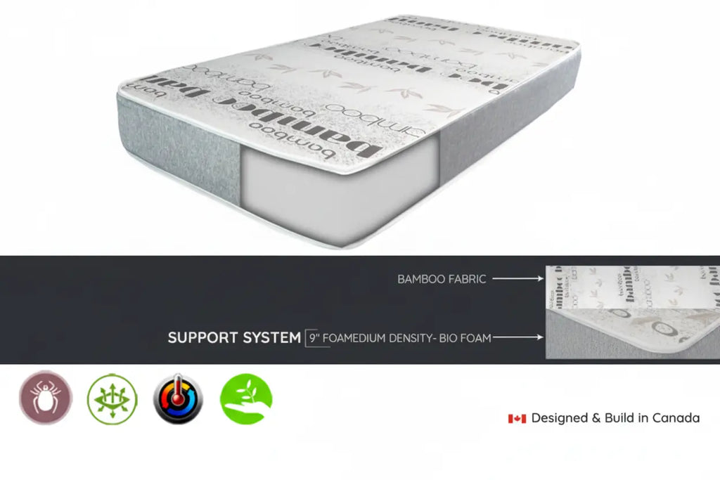 9-inch bamboo foam mattress from MTL Meubles et Matelas showcasing its spine-friendly support and natural bamboo comfort.