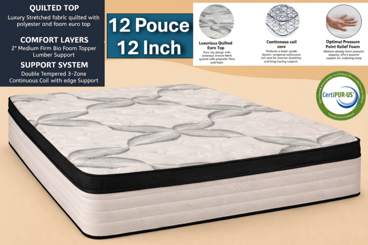 Medium firm Care Plus King Mattress by Meuble Divino with plush surface and supportive design, ideal for comfortable sleep.
