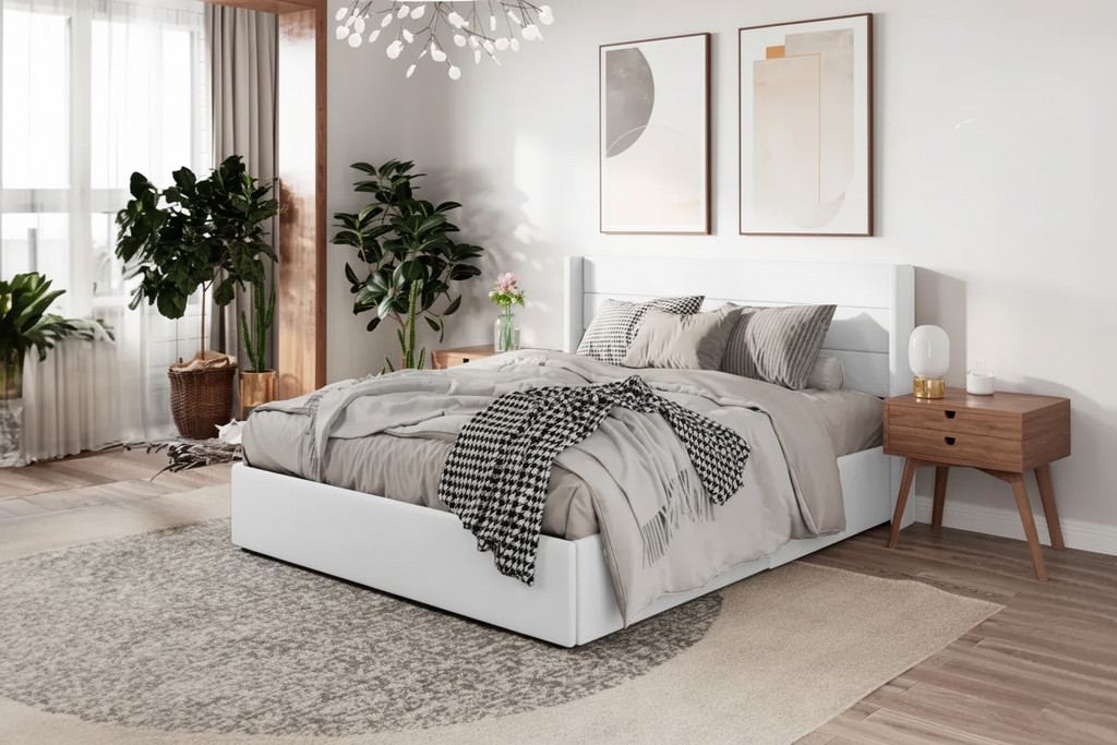 Modern platform storage bed by Meuble Divino with lift-up storage, featuring a sleek design and clean lines for contemporary bedrooms.