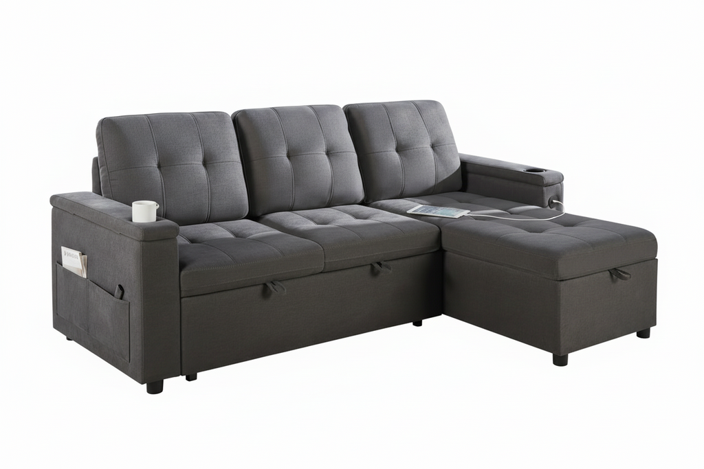 MTL meubles et Matelas sofa bed with built-in storage and USB charger, showcasing its fabric upholstery and modern design.