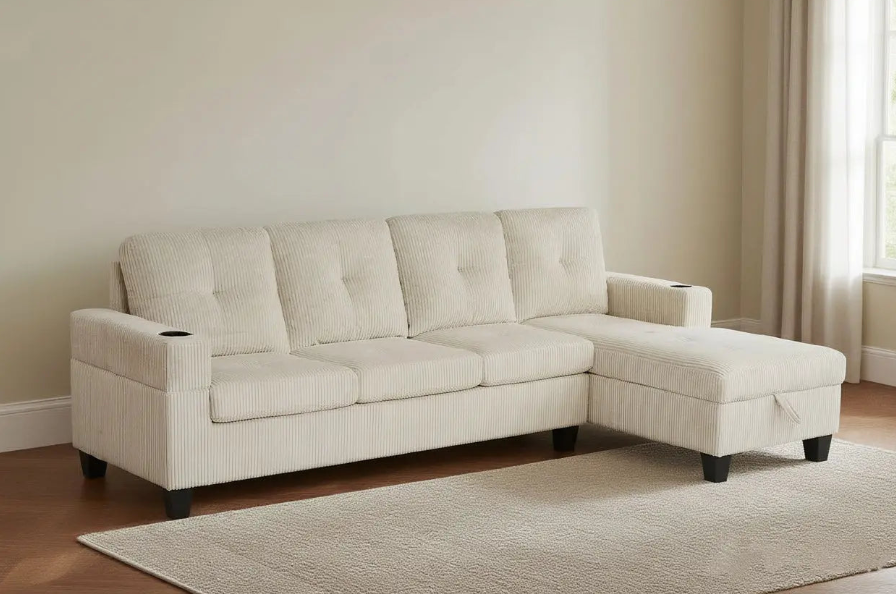 4-seater corduroy sofa with storage from MTL meubles et Matelas, featuring plush upholstery and practical built-in storage compartments.