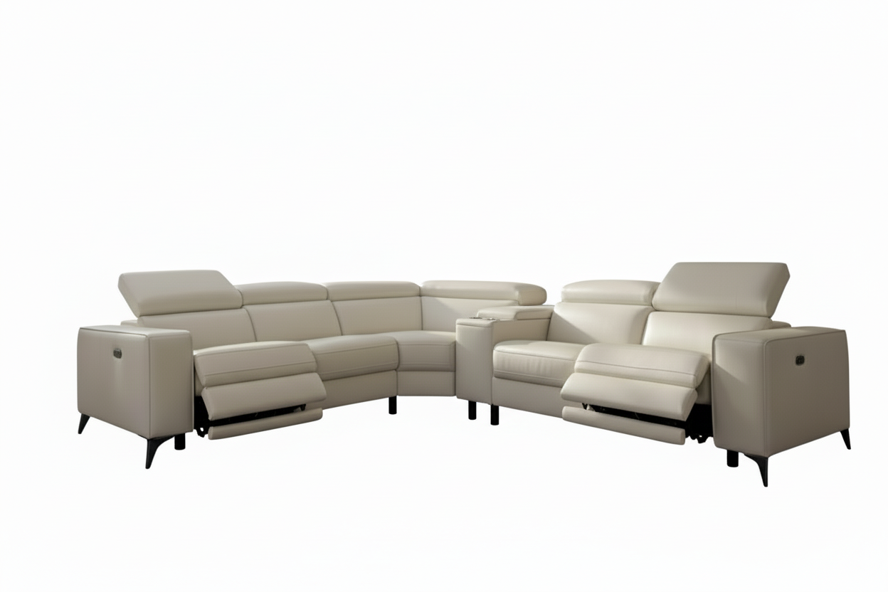 Beige Meuble Divino power reclining sectional sofa with adjustable headrests, modern design and comfortable seating.