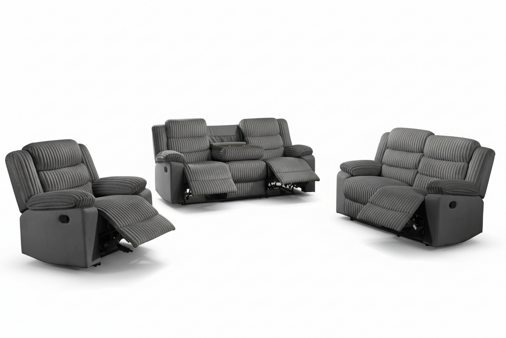 Grey velvet corduroy sofa set with manual recliners, including three-piece living room furniture by MTL meubles et Matelas.