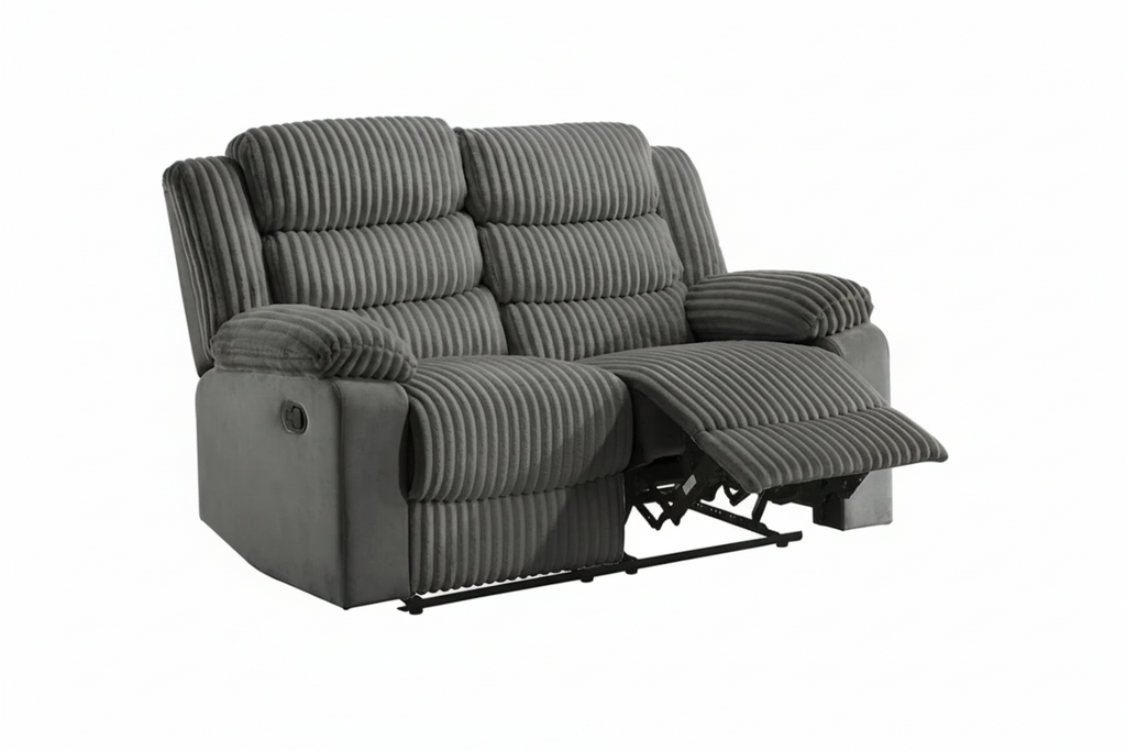 Grey velvet corduroy sofa set with manual reclining feature, includes three-piece living room furniture by MTL meubles et Matelas