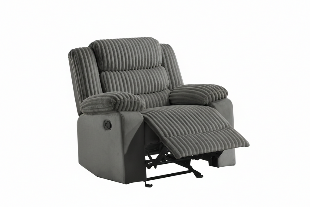 Grey velvet corduroy sofa set with manual recliners, 3-piece living room furniture by MTL meubles et Matelas.