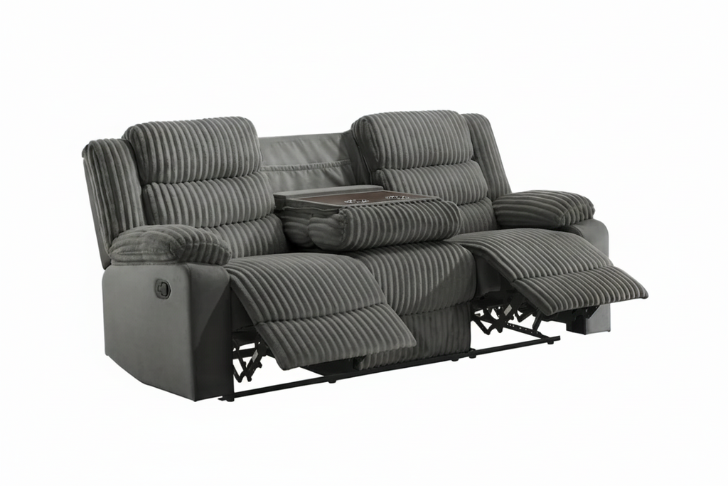 Grey velvet corduroy sofa set with manual recliners, includes three-piece living room set by MTL meubles et Matelas.
