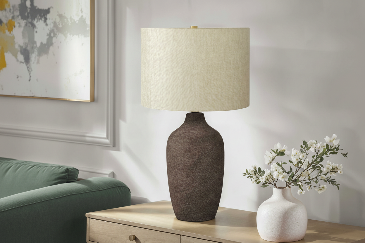 Lampe de table en céramique grise de 68,5 cm avec abat-jour en lin