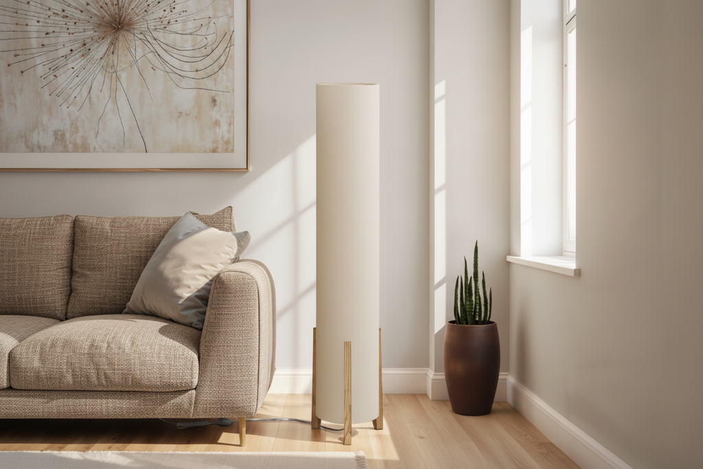 Lampadaire moderne avec abat-jour en tissu et interrupteur au pied