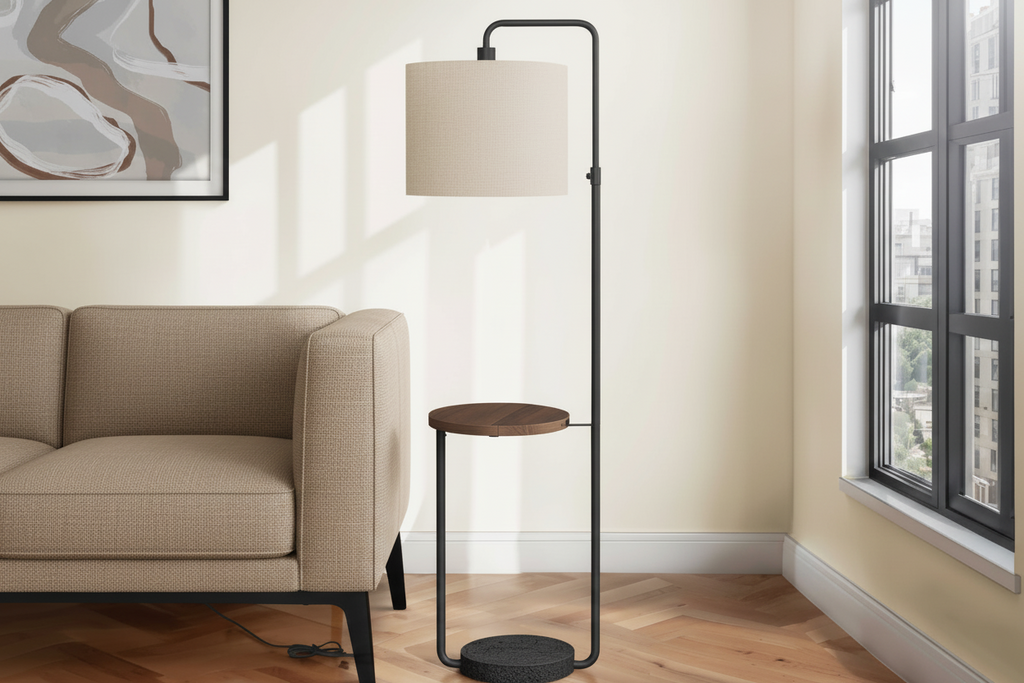 Lampadaire moderne de 170 cm avec étagère, port USB et abat-jour en lin