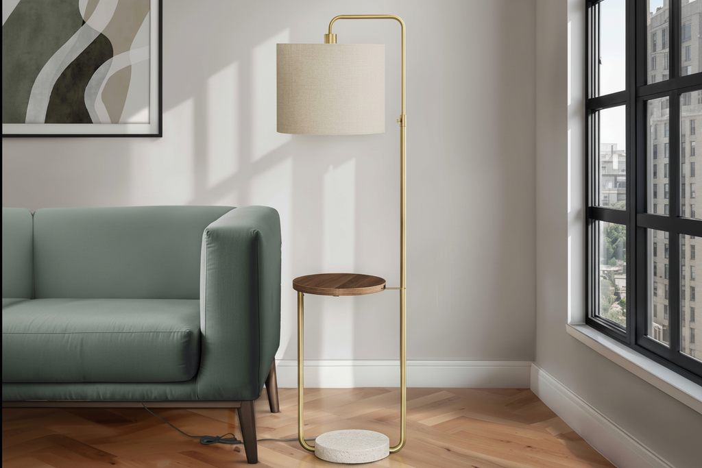 Lampadaire moderne de 170 cm avec étagère, port USB et abat-jour en lin