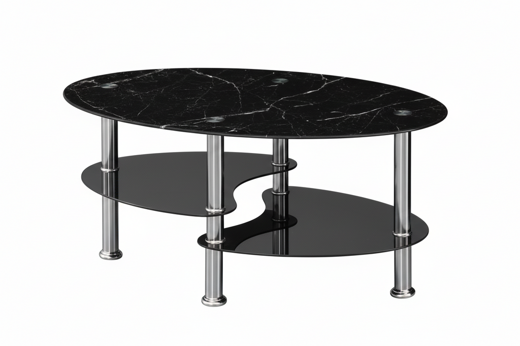 Table basse style marbre noir avec pieds chromés