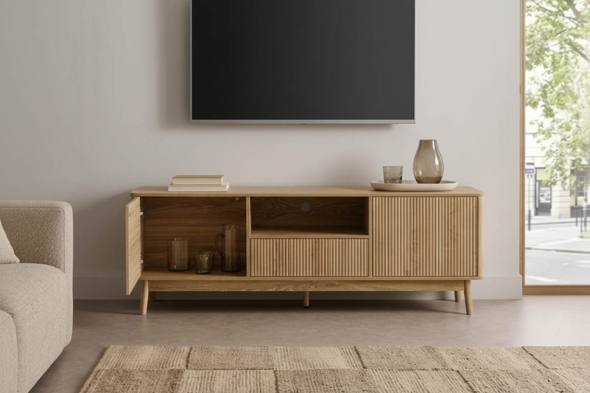 Modern 72-inch ribbed front walnut TV console by Meuble Divino, showcasing sleek design and ample storage space.