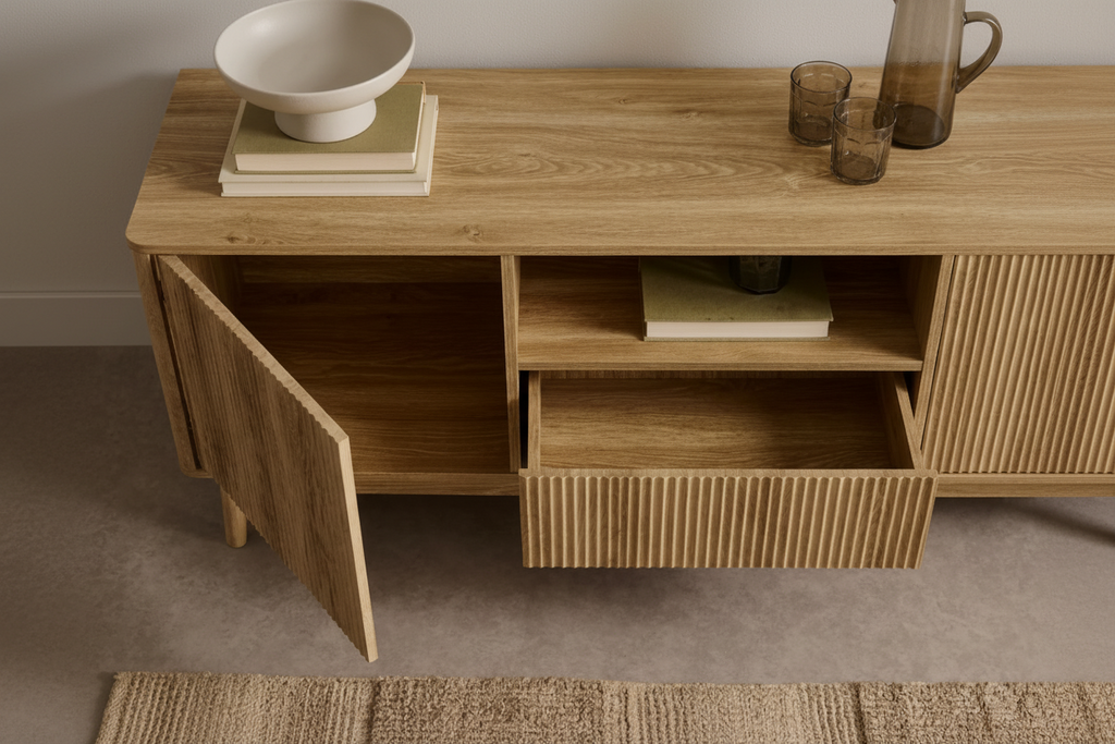Ribbed front light walnut TV console stand by Meuble Divino, 72-inch modern TV stand with sleek design and storage space.