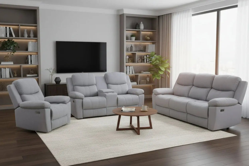 Modern grey 3-piece power reclining sofa set with plush seating from Meuble Divino, showcasing stylish and comfortable living room furniture.