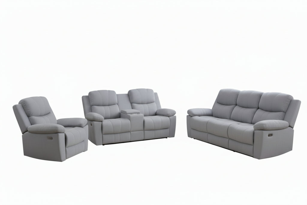 Modern grey 3-piece power reclining sofa set by Meuble Divino featuring plush seating and sleek design.