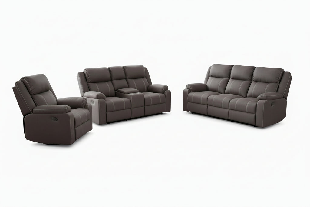 Charcoal 3-piece power reclining sofa set by Meuble Divino with built-in console and cup holders, showcasing plush seating and modern design.