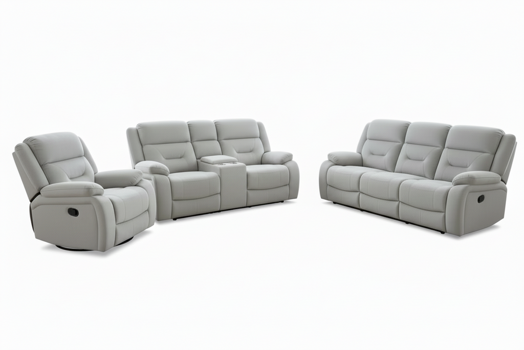 Modern grey 3-piece manual reclining sofa set by Meuble Divino in high-performance fabric, featuring plush cushions and sleek design.
