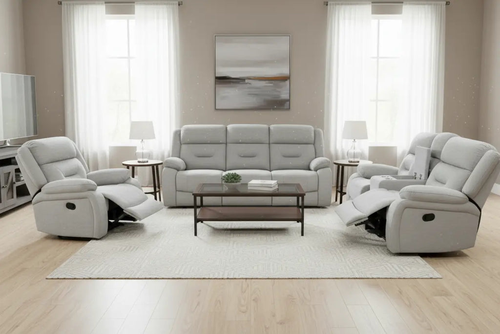 Modern 3-piece manual reclining sofa set by Meuble Divino in high-performance fabric, shown in a living room setting.