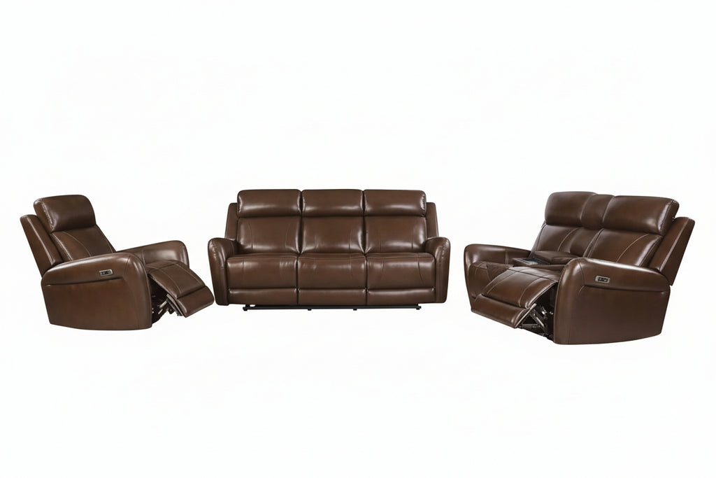 Chocolate brown modern 3-piece power reclining sofa set by Meuble Divino with built-in console, USB ports, and wireless charging.