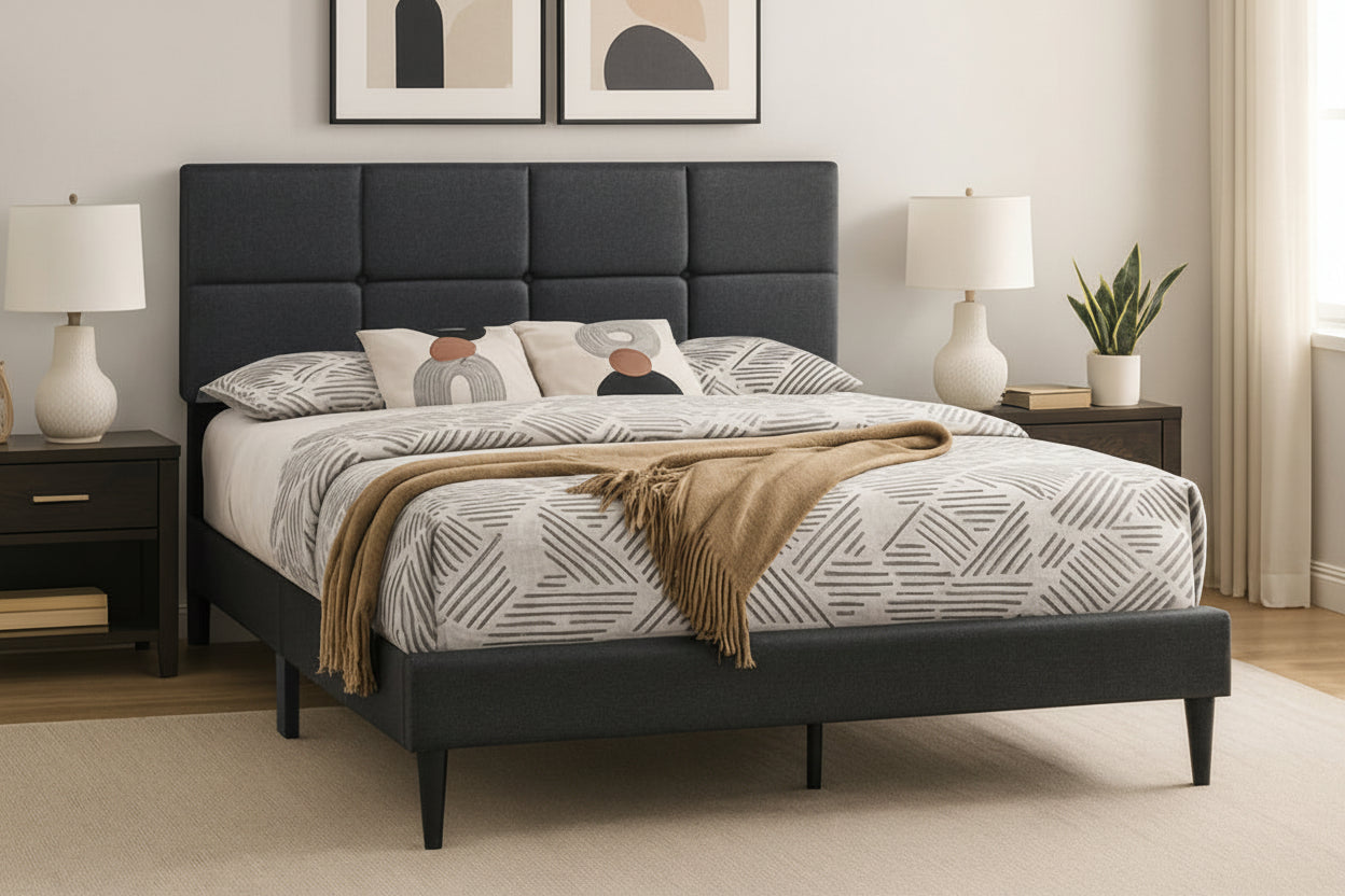 Linen upholstered bed frame with adjustable tufted headboard in a modern bedroom setting by Meuble Divino.
