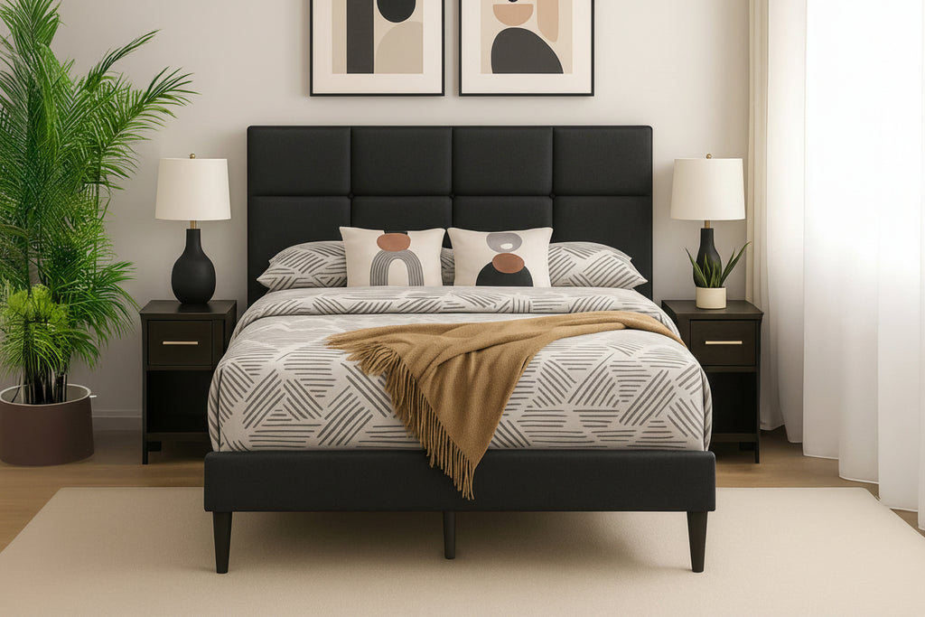 Linen upholstered bed frame with adjustable tufted headboard and wooden legs, modern bedroom furniture by Meuble Divino.