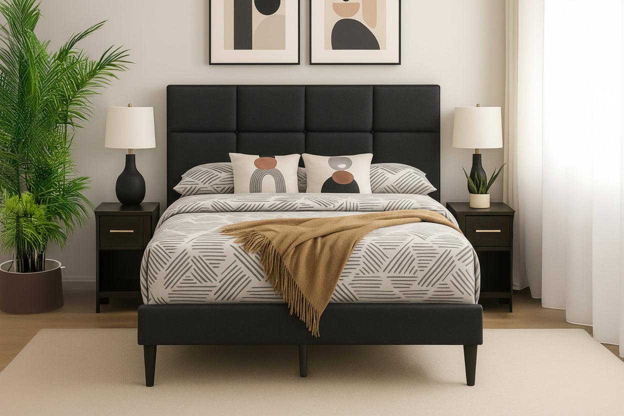 Linen upholstered bed frame with adjustable tufted headboard and wooden legs, modern bedroom furniture by Meuble Divino.