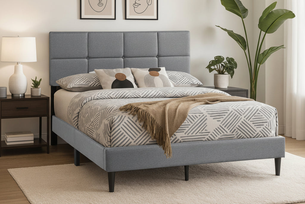 Linen upholstered bed frame with adjustable tufted headboard, modern design, in a neutral fabric, by Meuble Divino.