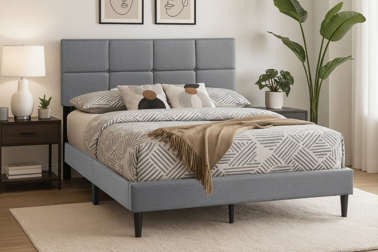 Linen upholstered bed frame with adjustable tufted headboard, modern design, in a neutral fabric, by Meuble Divino.