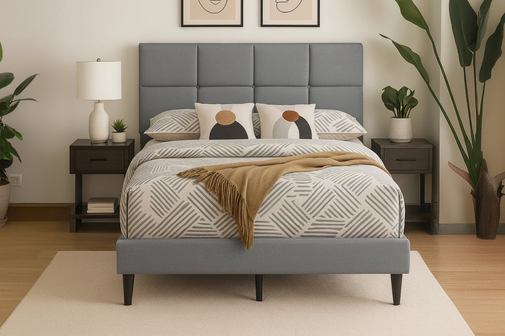 Linen upholstered bed frame with adjustable tufted headboard by Meuble Divino, showcasing a modern design and soft fabric finish.