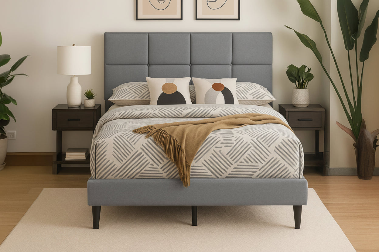 Linen upholstered bed frame with adjustable tufted headboard by Meuble Divino, showcasing a modern design and soft fabric finish.