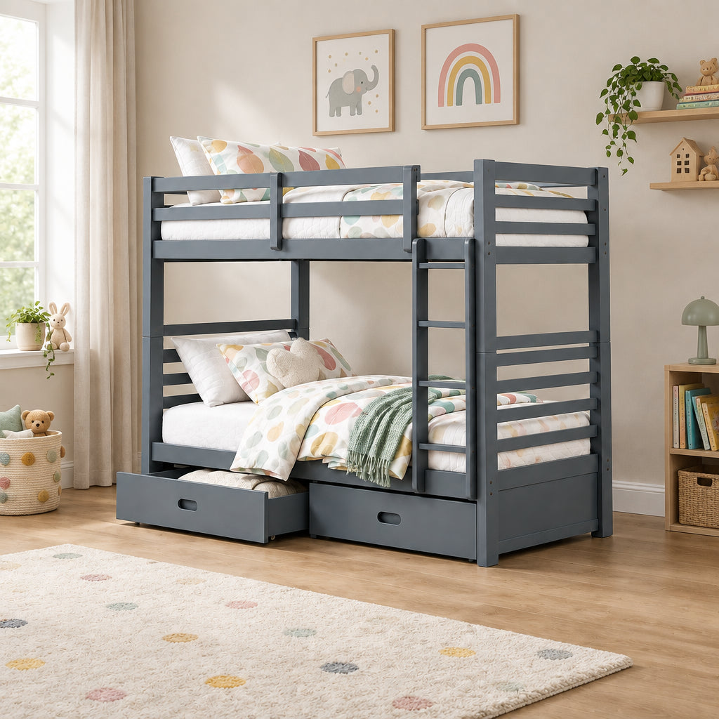 Meuble Divino twin over twin storage bunk bed with two drawers, featuring a sturdy wooden frame and built-in storage drawers.