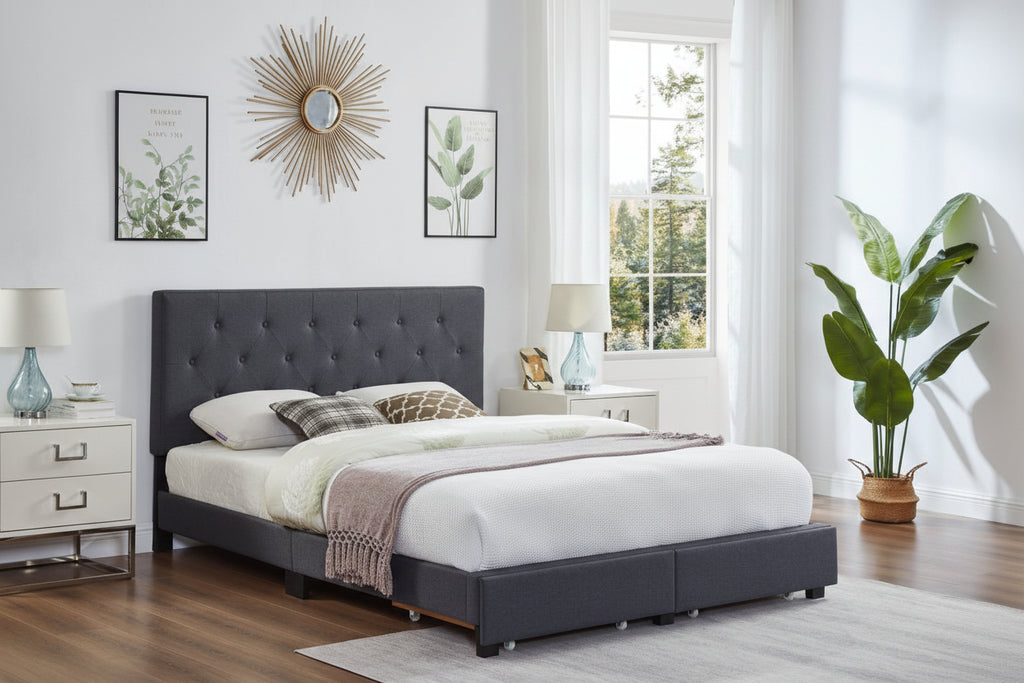 Meuble Divino Zoey bedroom bed in closed position with sleek, modern design and neutral fabric upholstery.