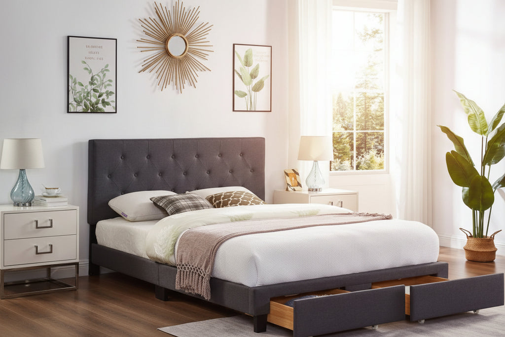 Open view of the Meuble Divino Zoey bed in a bedroom setting, showcasing its modern design and wooden frame.