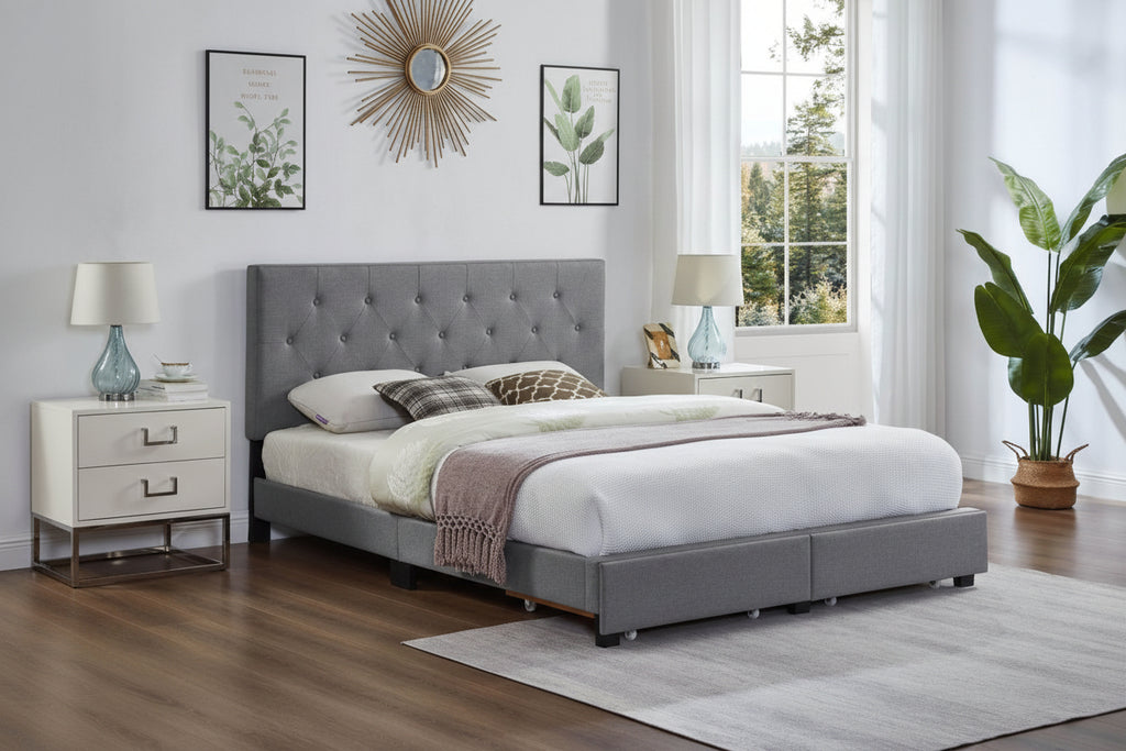 Meuble Divino Zoey bedroom bed with closed frame, featuring modern design and neutral fabric upholstery.
