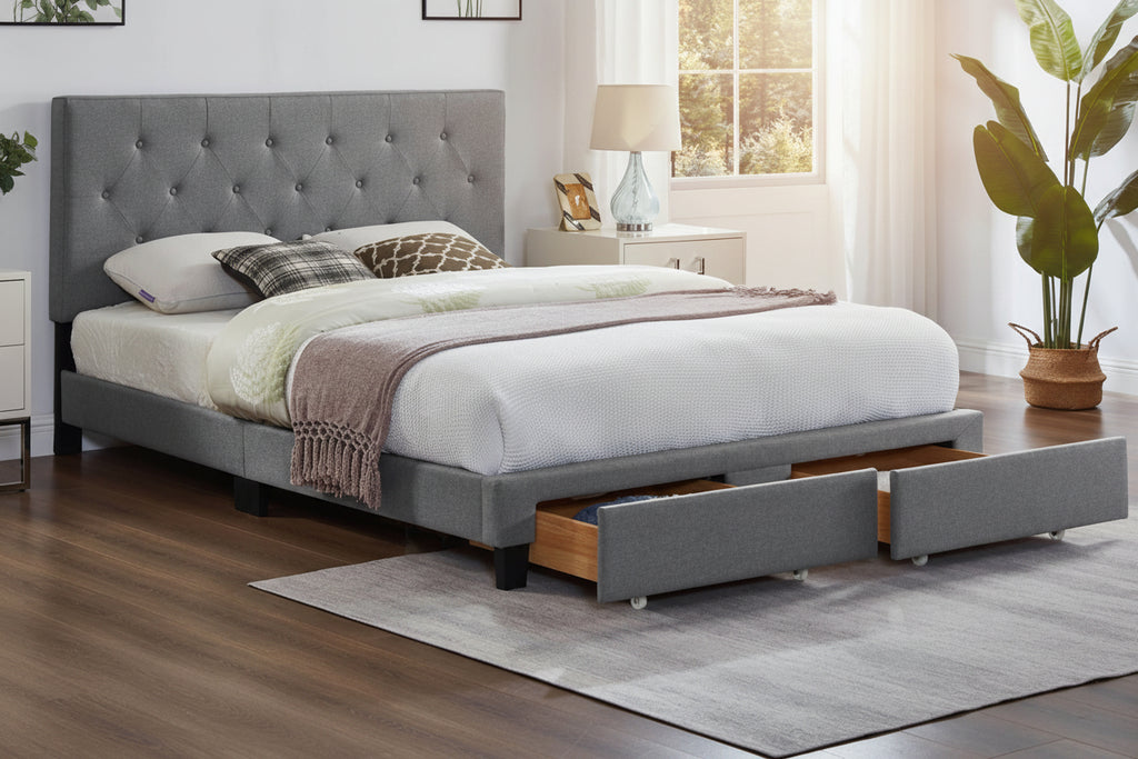 Meuble Divino Zoey bedroom bed with upholstered headboard and sleek design, shown in a modern bedroom setting.