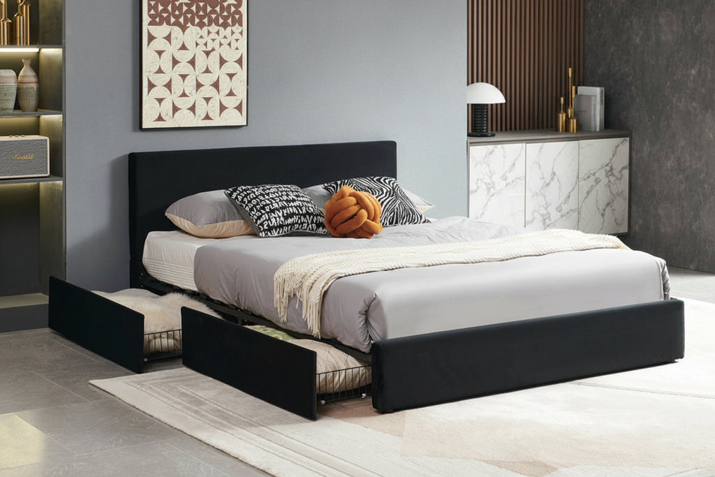 Velvet storage platform bed with four drawers in a modern design, by Meuble Divino, showcasing the upholstered headboard and storage drawers.