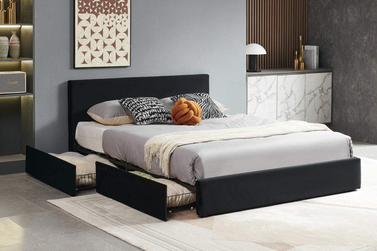 Velvet storage platform bed with four drawers in a modern design, by Meuble Divino, showcasing the upholstered headboard and storage drawers.