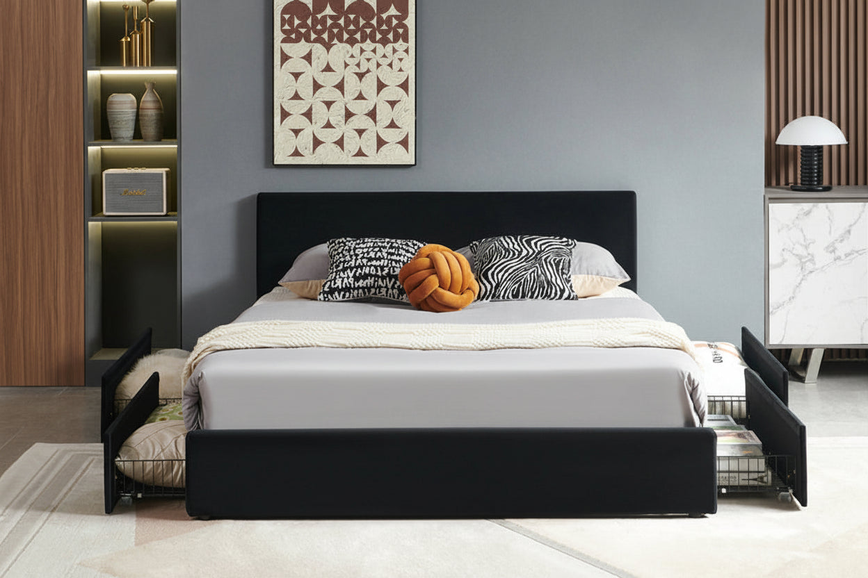 Velvet storage platform bed with four built-in drawers in dark gray, featuring a modern design from Meuble Divino.