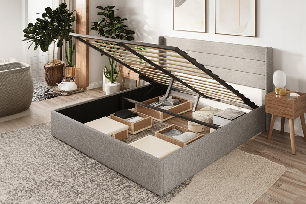 Modern Meuble Divino platform storage bed with lift-up mattress base, showcasing sleek design and spacious under-bed storage.