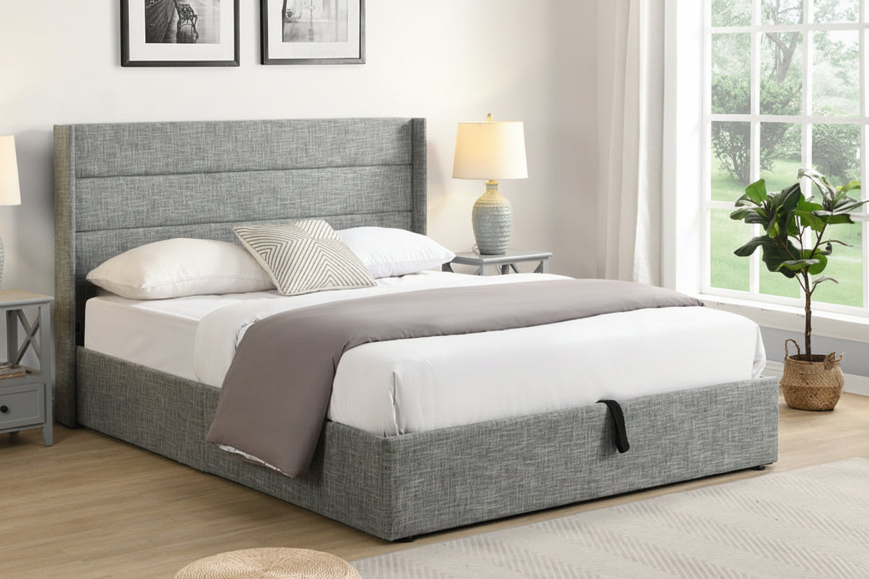 Modern platform storage bed by Meuble Divino featuring lift-up storage and a sleek, contemporary design in a natural wood finish.