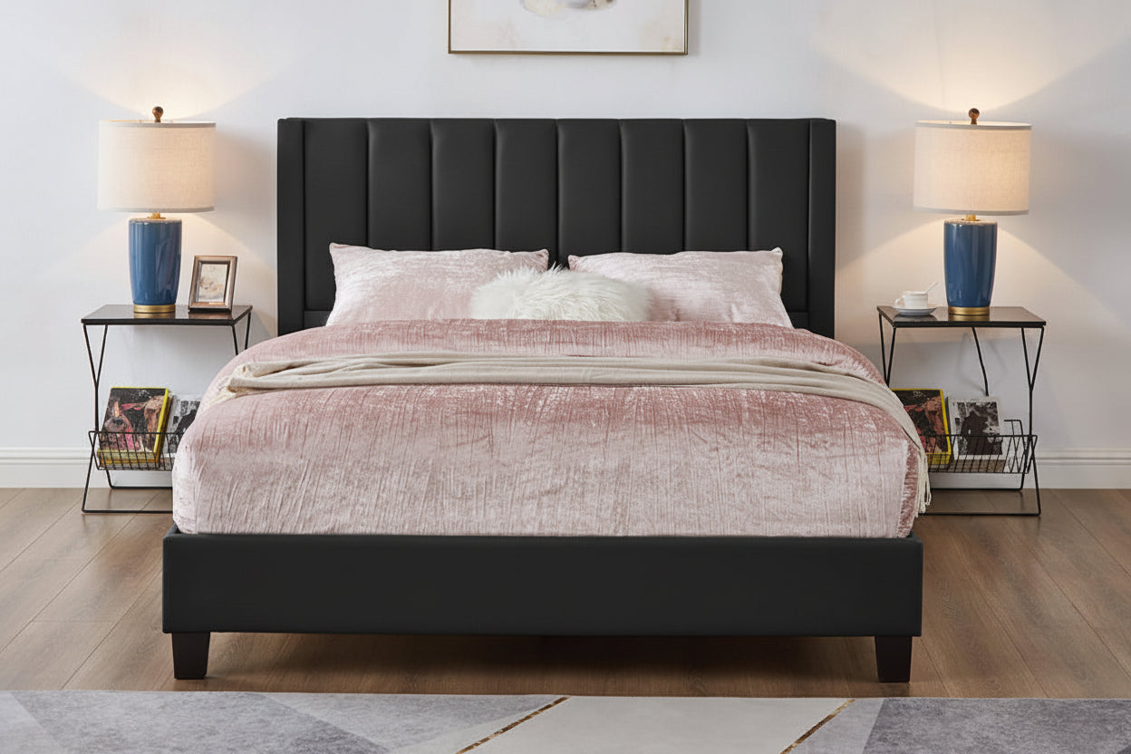 Meuble Divino Channel Tufted Platform Bed Frame with upholstered headboard and sturdy wooden base on a modern bedroom.