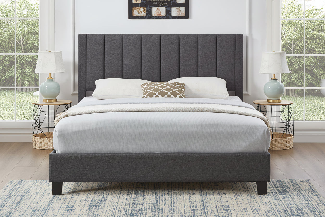 Meuble Divino Channel tufted platform bed frame with upholstered headboard and sleek modern design.