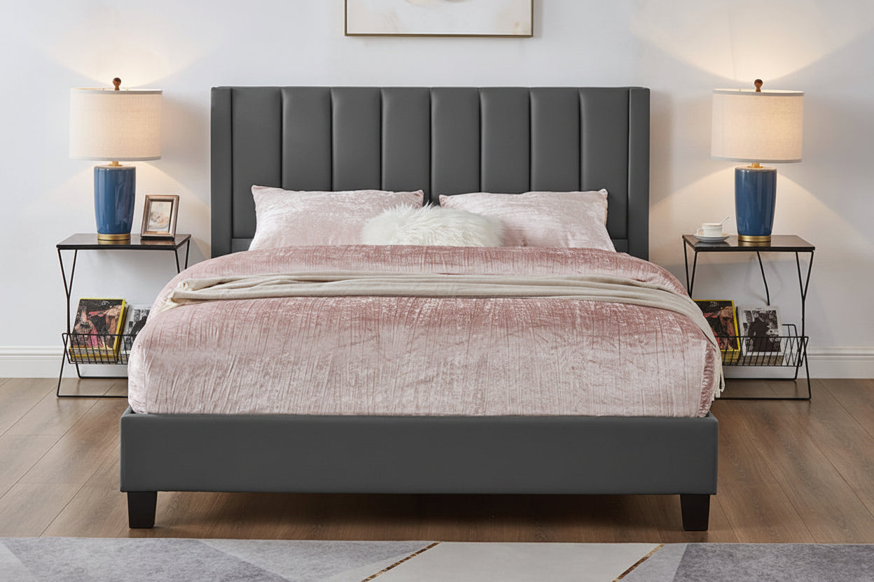 Channel tufted platform bed frame by Meuble Divino with a sleek upholstered headboard and modern design.