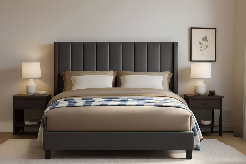Velvet tufted bed frame in a soft, luxurious fabric, featuring a modern design and sturdy wooden legs.